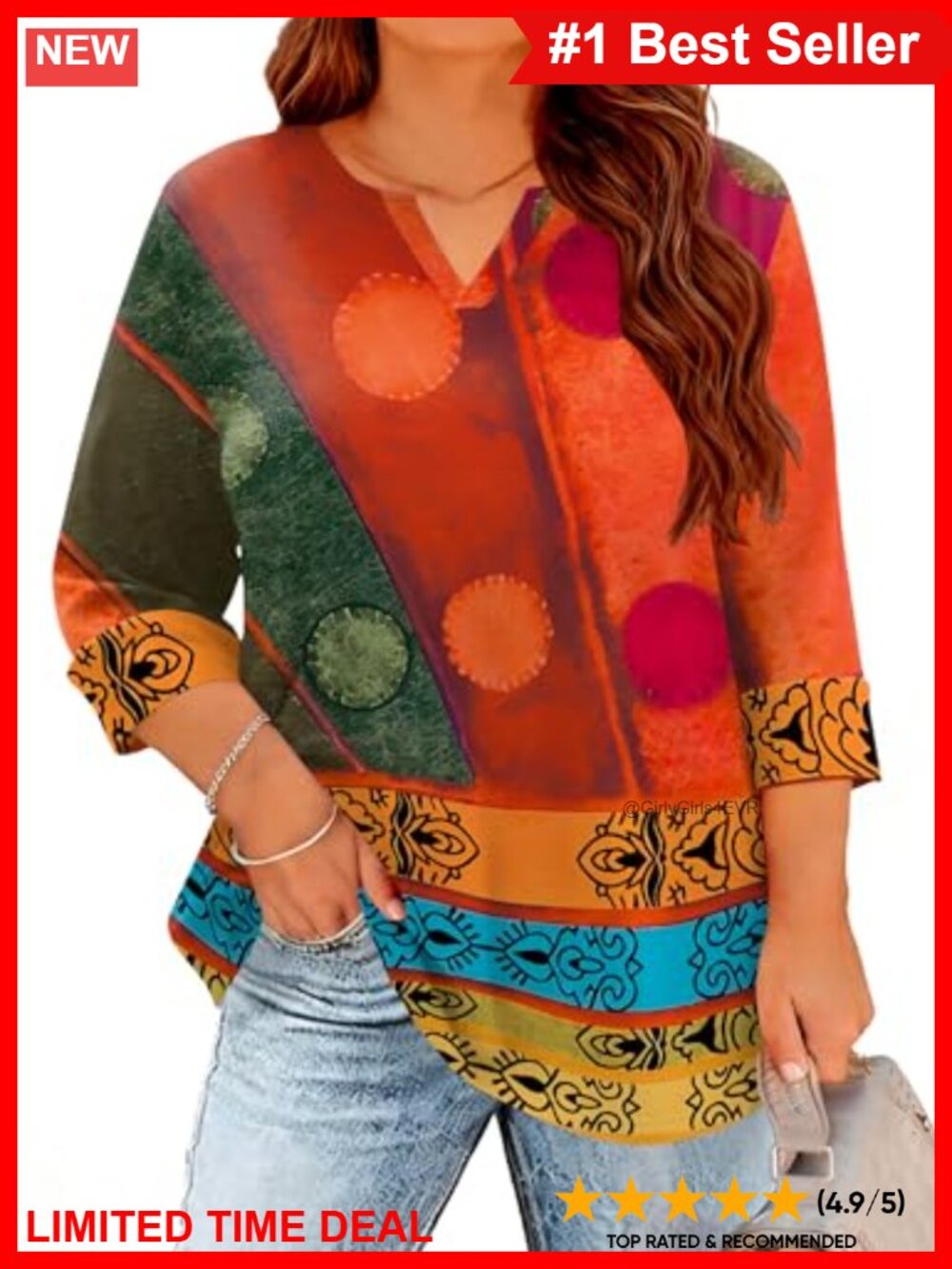 Plus Size V-Neck 3/4 Sleeve Tunic Top Boho Peasant Blouse